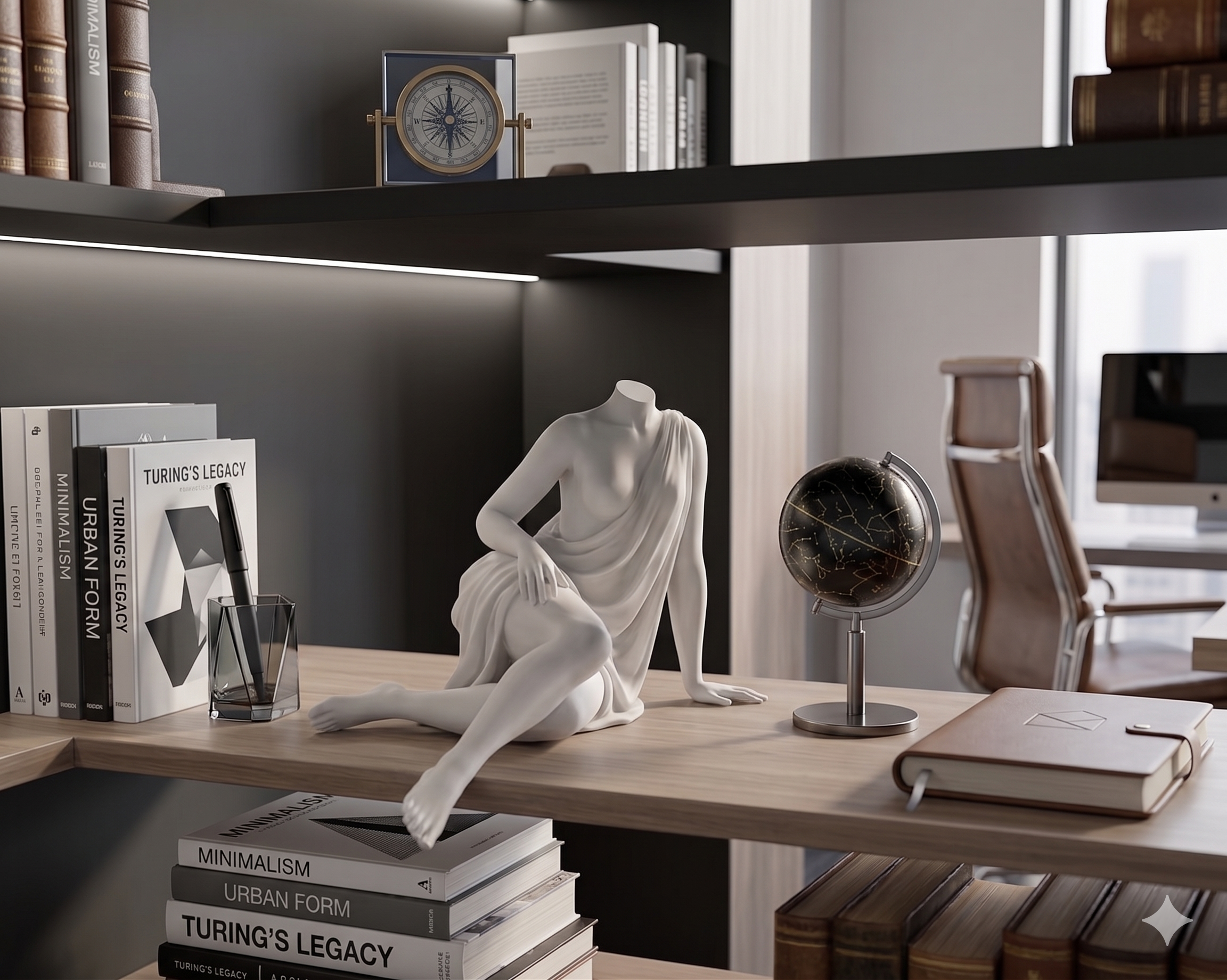 An elegant draped sculpture displayed in a modern interior